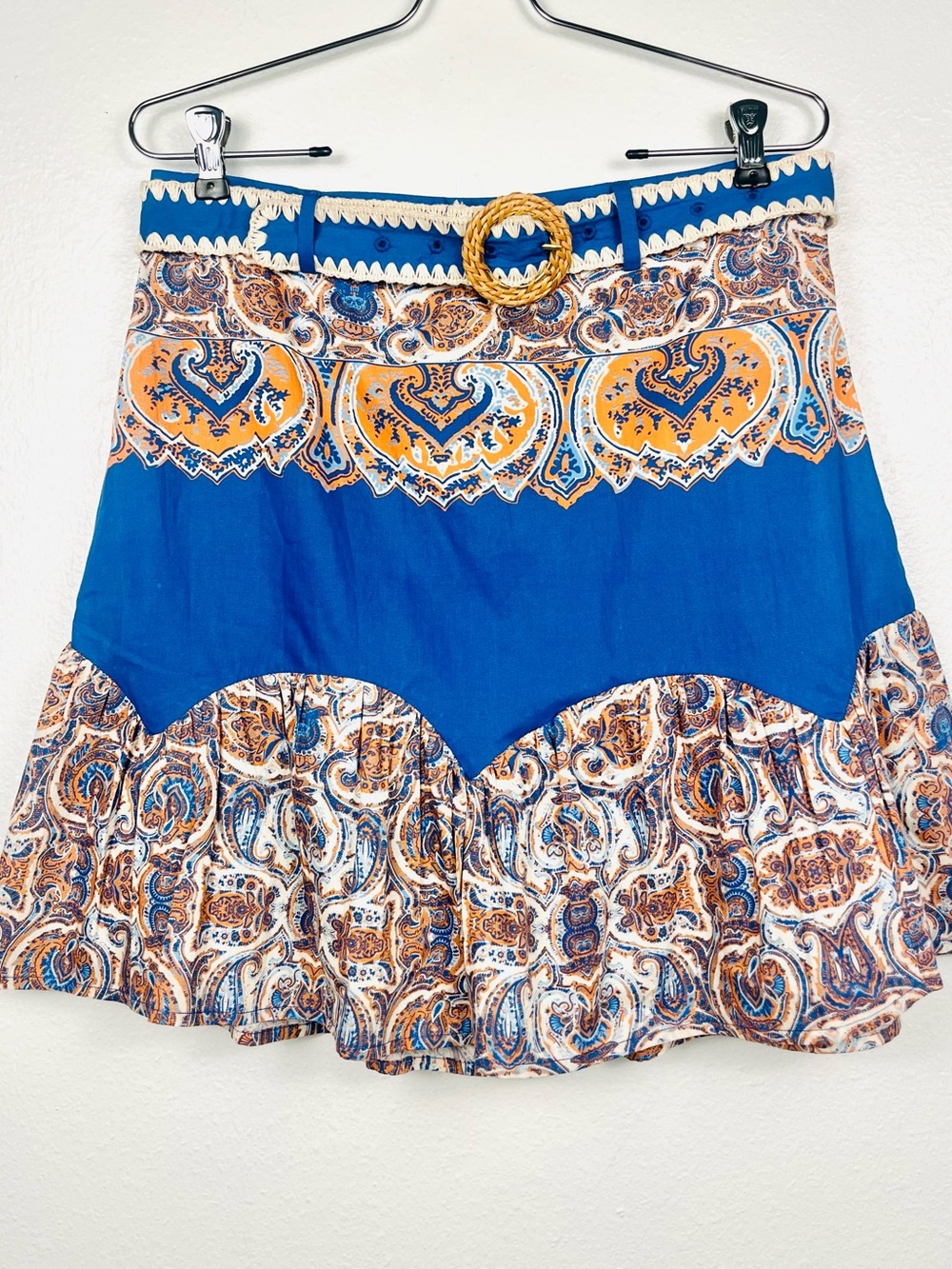Anna Cate Medium Blue & Orange Paisley Ruffled Belted Mini Skirt